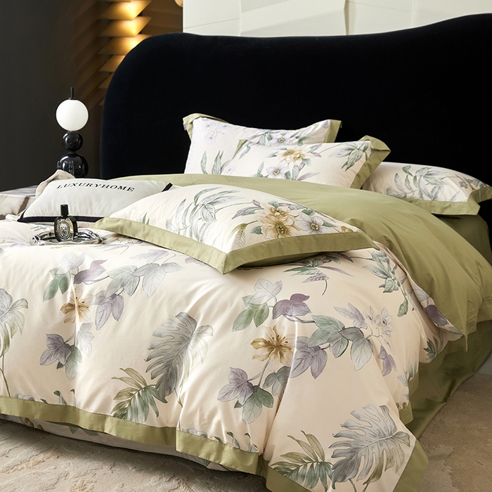 91家纺网 家纺一手货源 找家纺 薏思家纺 2026年13376新疆铂金棉飞边工艺印花四件套 如梦绿