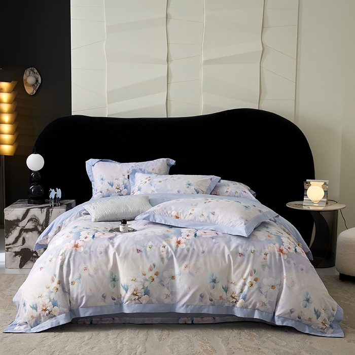 薏思家纺 2026年13376新疆铂金棉飞边工艺印花四件套 水中月兰