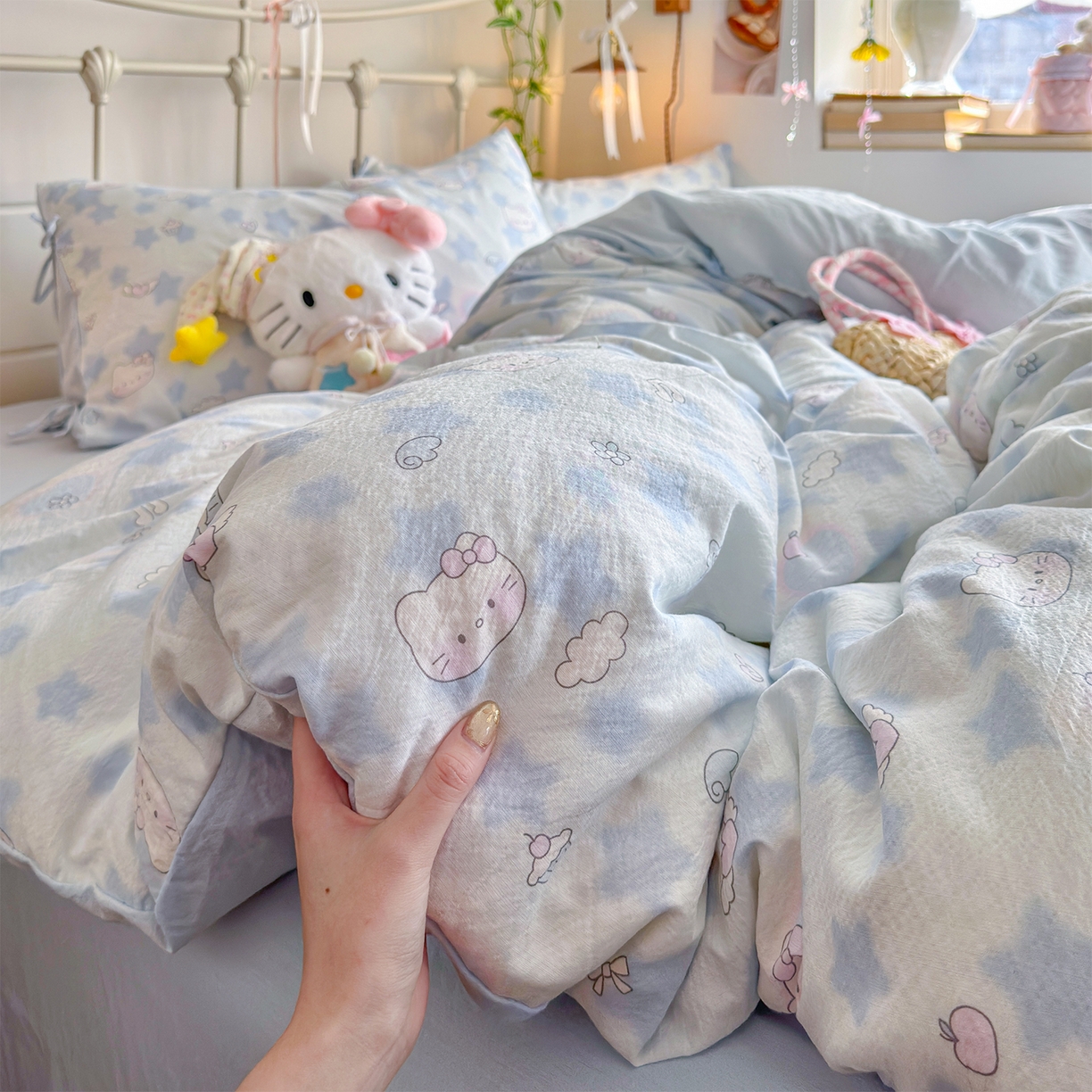 91家纺网 家纺一手货源 找家纺 优选 2026新款小清新直播热卖款云感双层纱木棉四件套系列（小红书热款推荐） 爱心喵