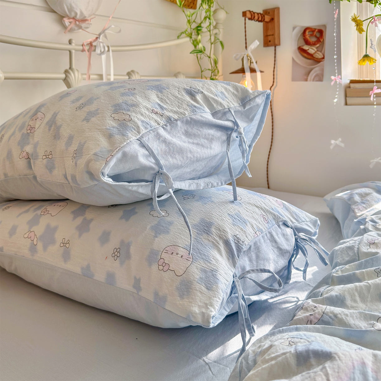 91家纺网 家纺一手货源 找家纺 优选 2026新款小清新直播热卖款云感双层纱木棉四件套系列（小红书热款推荐） 爱心喵