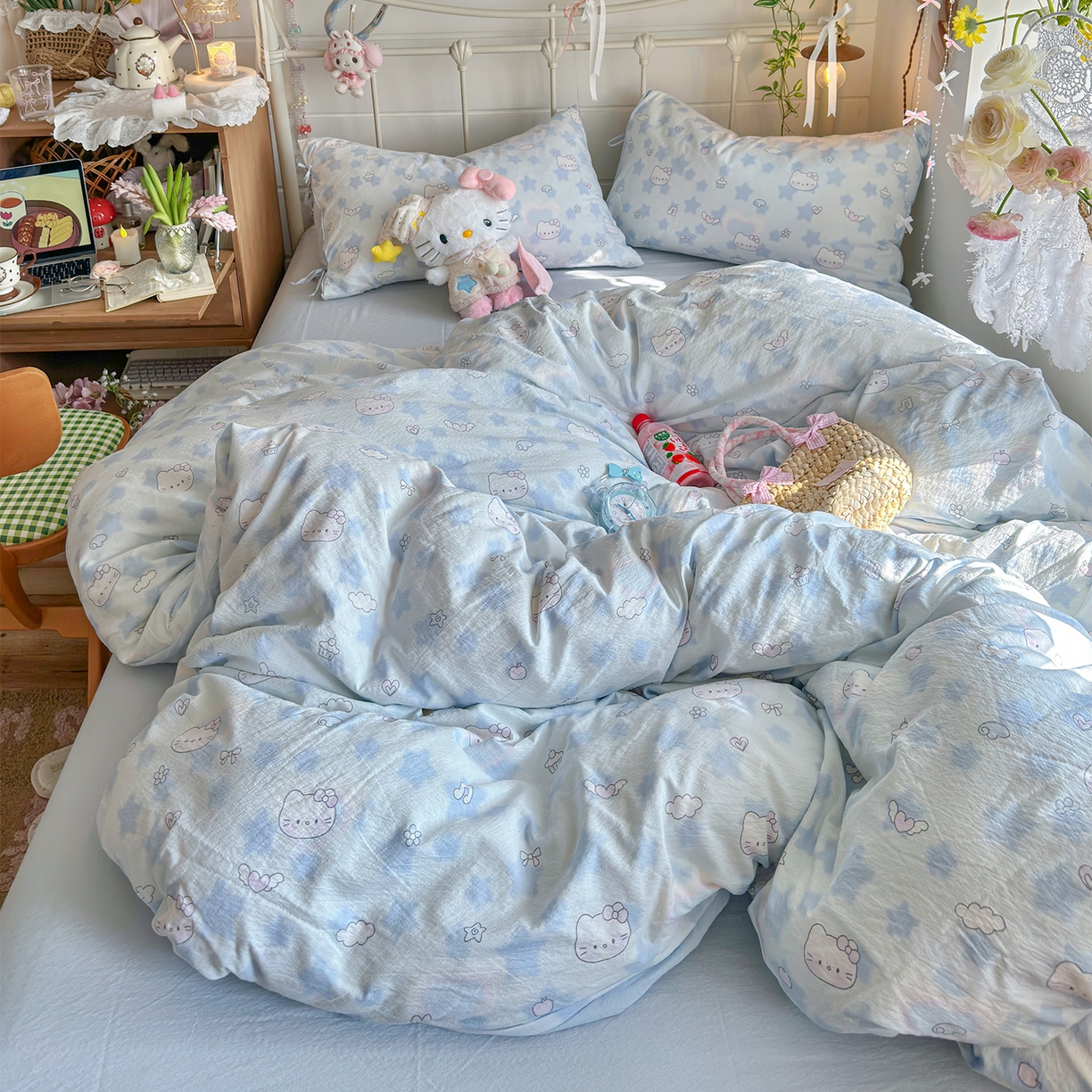 91家纺网 家纺一手货源 找家纺 优选 2026新款小清新直播热卖款云感双层纱木棉四件套系列（小红书热款推荐） 爱心喵