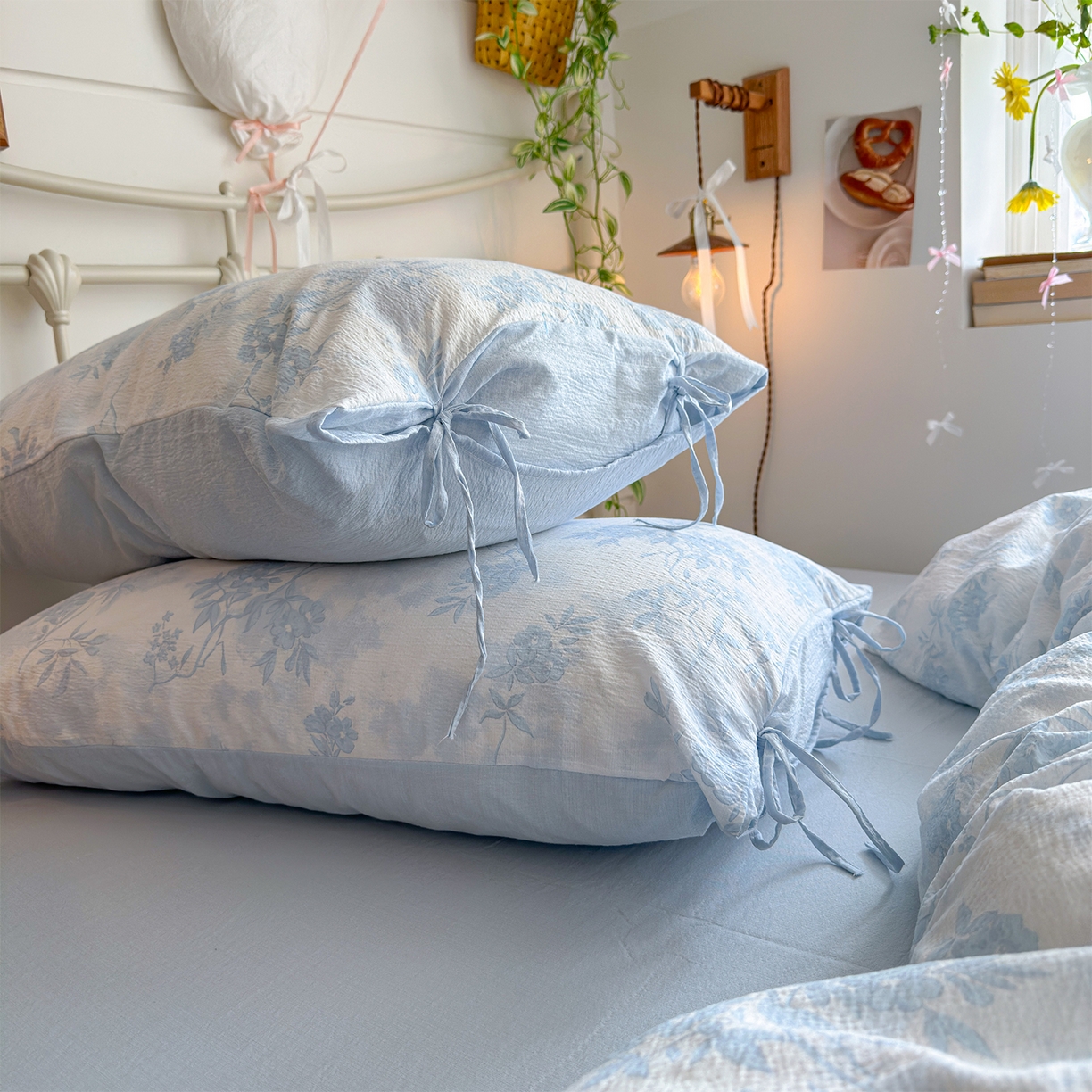 91家纺网 家纺一手货源 找家纺 优选 2026新款小清新直播热卖款云感双层纱木棉四件套系列（小红书热款推荐） 冰菱花