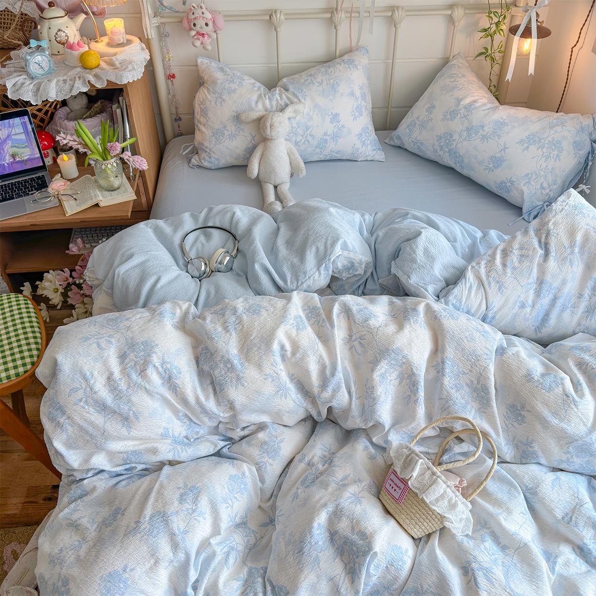 91家纺网 家纺一手货源 找家纺 优选 2026新款小清新直播热卖款云感双层纱木棉四件套系列（小红书热款推荐） 冰菱花