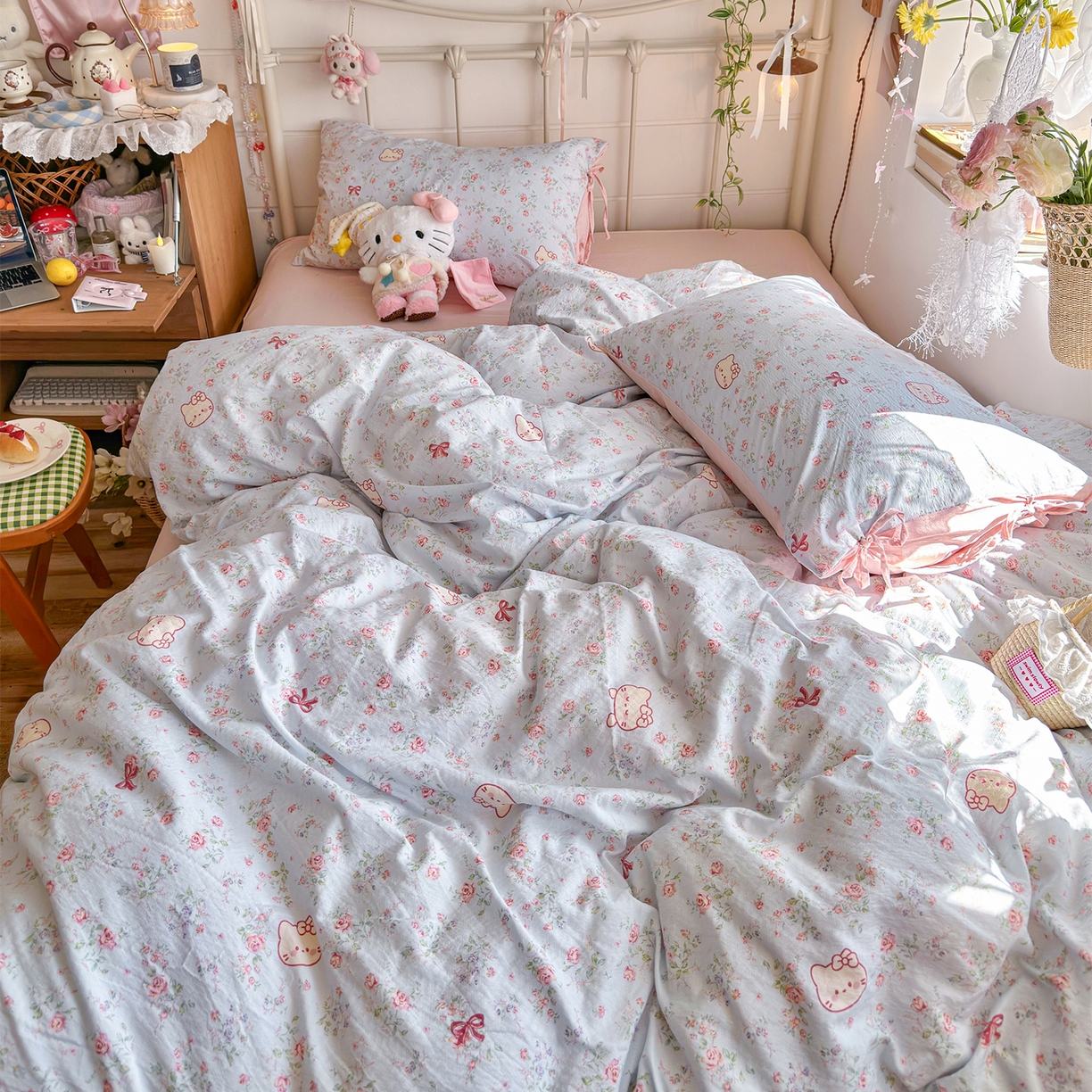 91家纺网 家纺一手货源 找家纺 优选 2026新款小清新直播热卖款云感双层纱木棉四件套系列（小红书热款推荐） 花甜喵