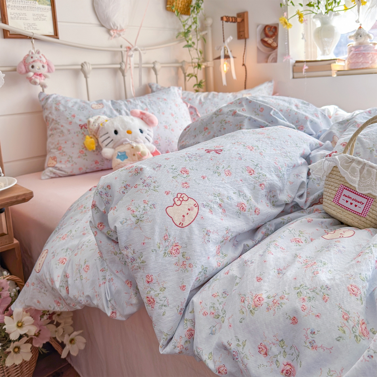 91家纺网 家纺一手货源 找家纺 优选 2026新款小清新直播热卖款云感双层纱木棉四件套系列（小红书热款推荐） 花甜喵