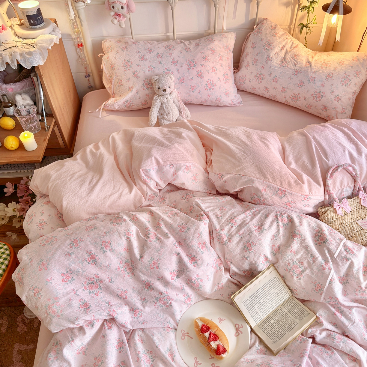 91家纺网 家纺一手货源 找家纺 优选 2026新款小清新直播热卖款云感双层纱木棉四件套系列（小红书热款推荐） 花漾