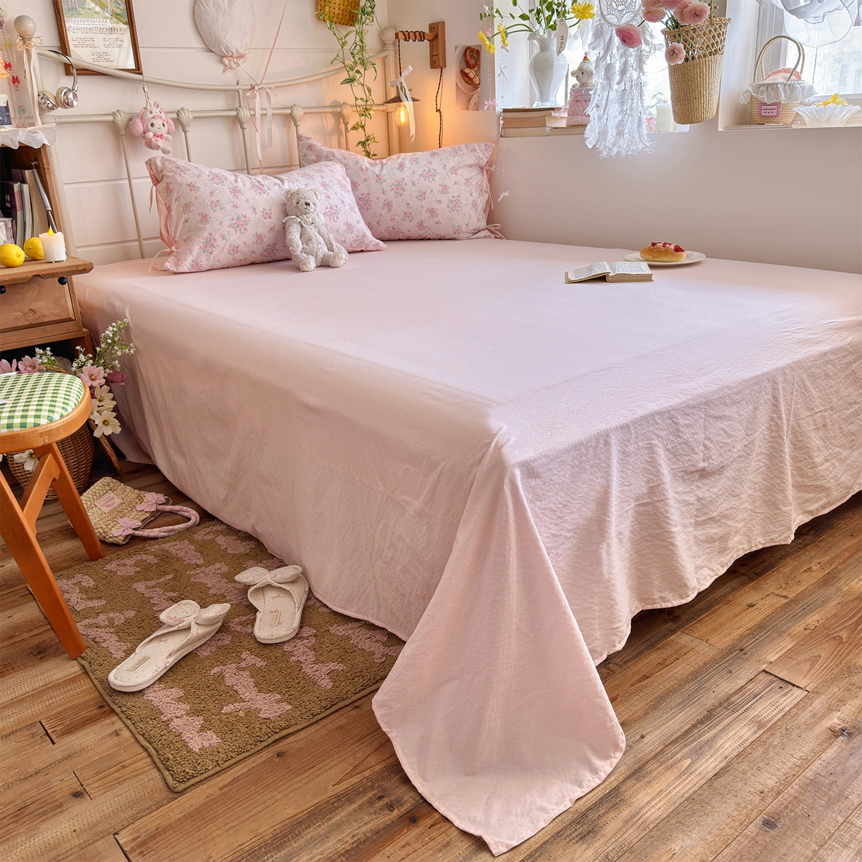 91家纺网 家纺一手货源 找家纺 优选 2026新款小清新直播热卖款云感双层纱木棉四件套系列（小红书热款推荐） 花漾