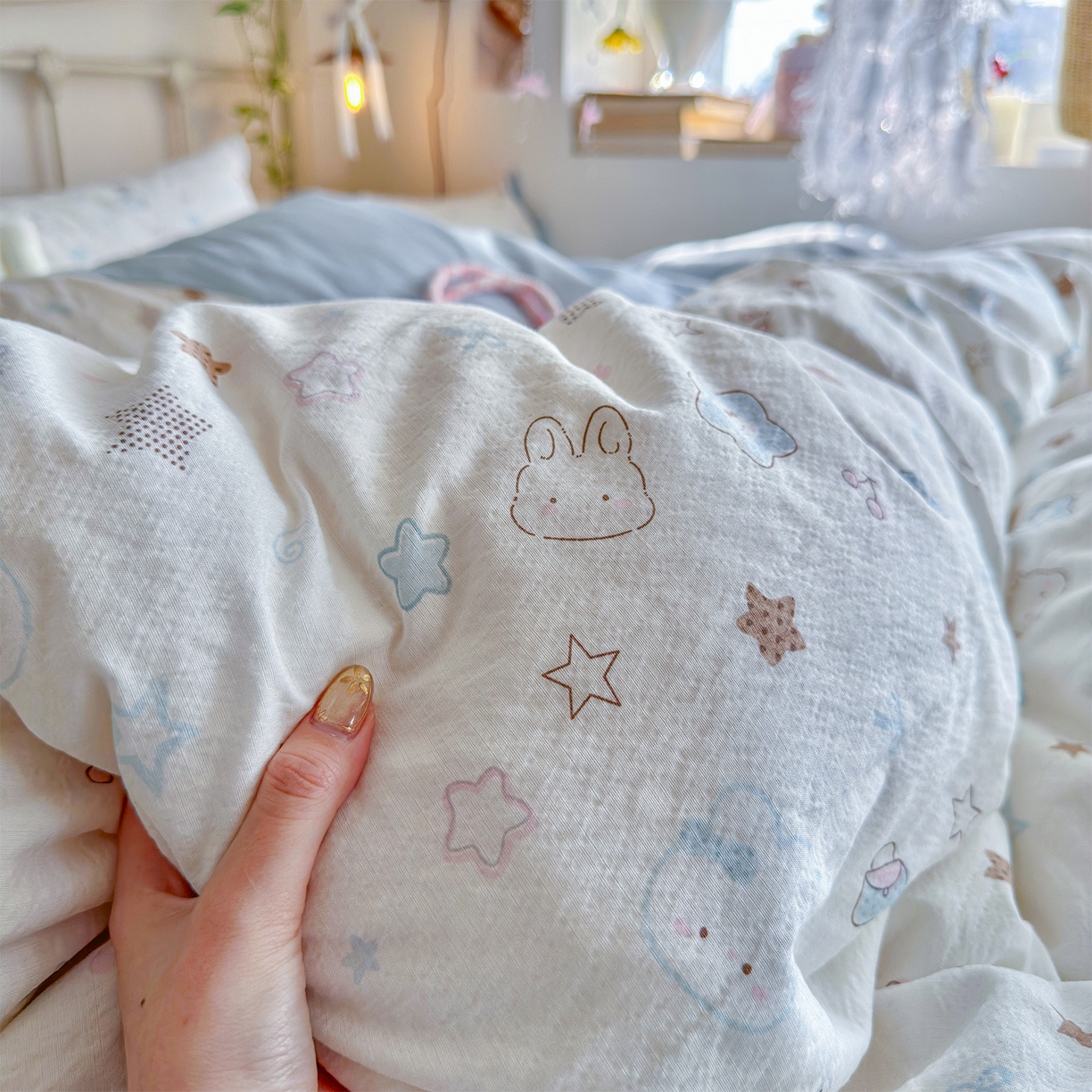 91家纺网 家纺一手货源 找家纺 优选 2026新款小清新直播热卖款云感双层纱木棉四件套系列（小红书热款推荐） 花屿轻梦