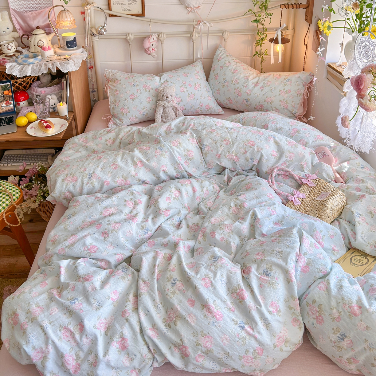 91家纺网 家纺一手货源 找家纺 优选 2026新款小清新直播热卖款云感双层纱木棉四件套系列（小红书热款推荐） 花韵