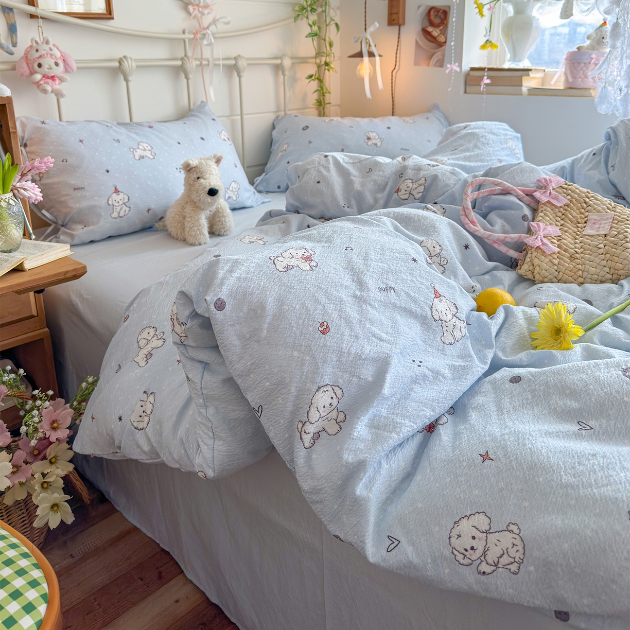 91家纺网 家纺一手货源 找家纺 优选 2026新款小清新直播热卖款云感双层纱木棉四件套系列（小红书热款推荐） 可爱修狗