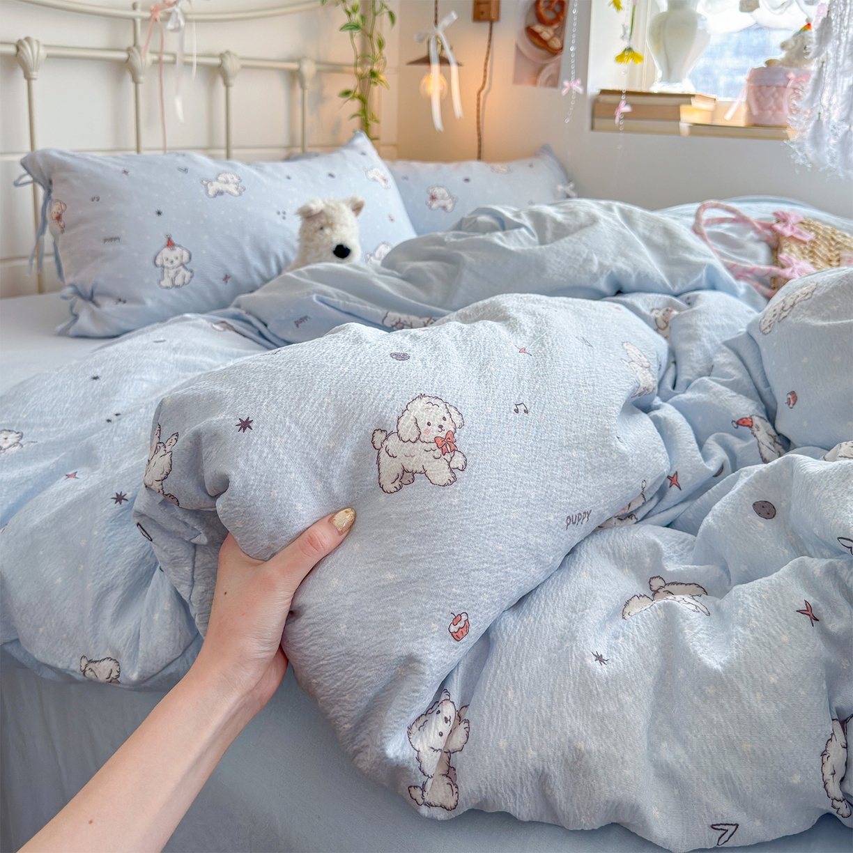 91家纺网 家纺一手货源 找家纺 优选 2026新款小清新直播热卖款云感双层纱木棉四件套系列（小红书热款推荐） 可爱修狗