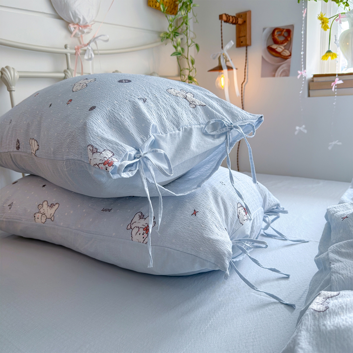 91家纺网 家纺一手货源 找家纺 优选 2026新款小清新直播热卖款云感双层纱木棉四件套系列（小红书热款推荐） 可爱修狗