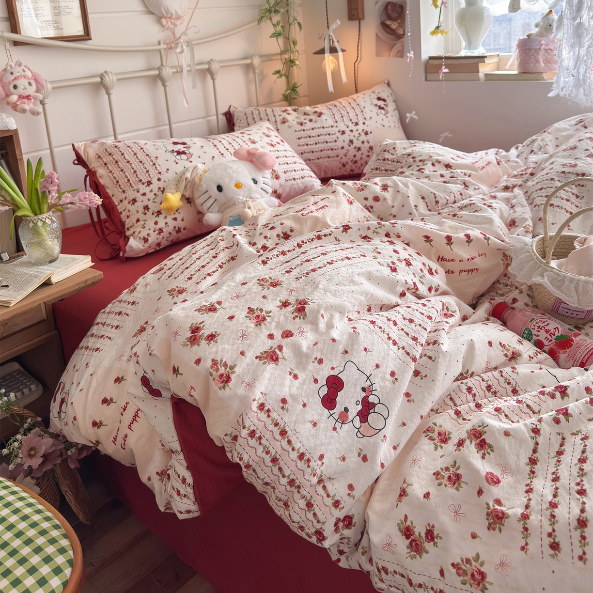 91家纺网 家纺一手货源 找家纺 优选 2026新款小清新直播热卖款云感双层纱木棉四件套系列（小红书热款推荐） 浪漫kt