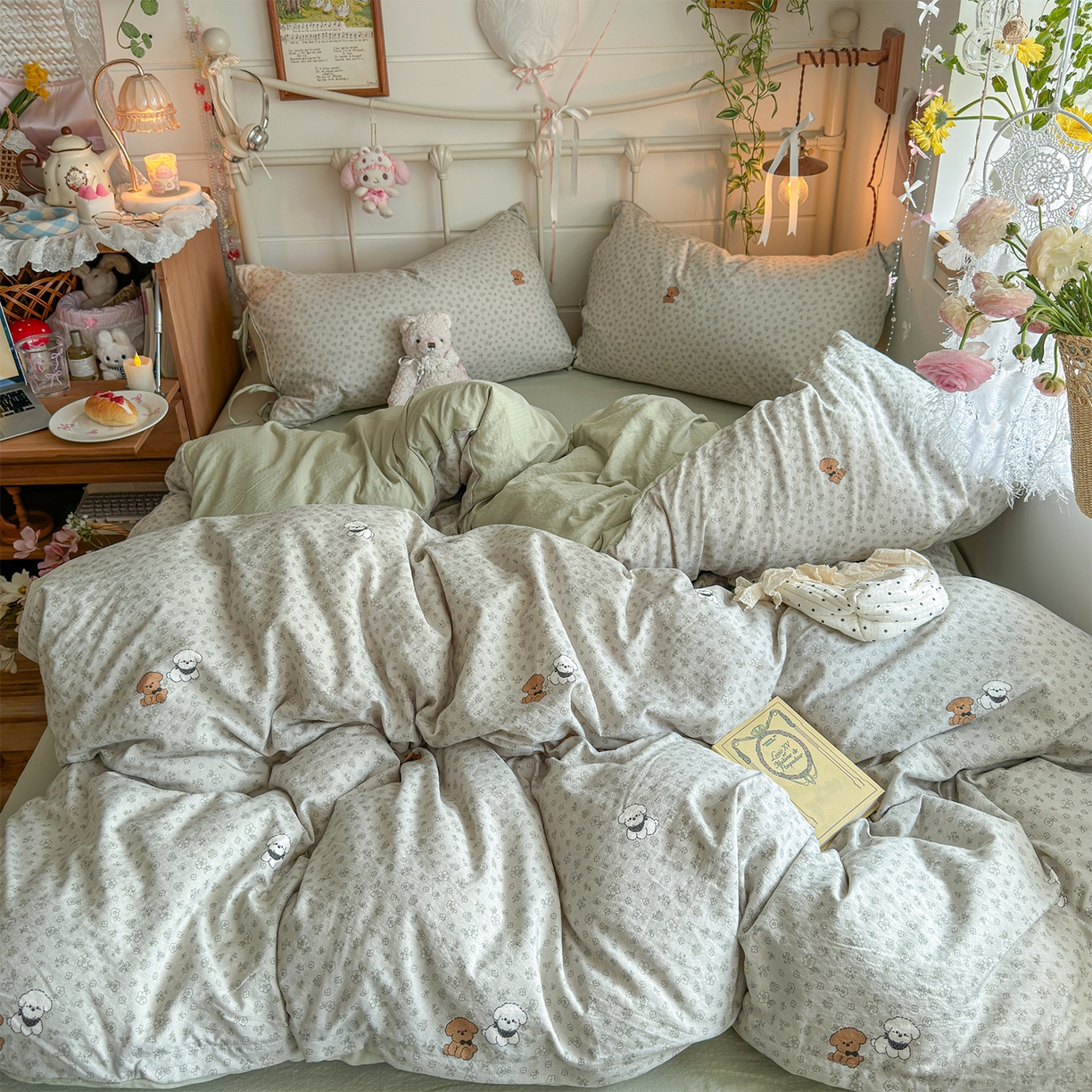 91家纺网 家纺一手货源 找家纺 优选 2026新款小清新直播热卖款云感双层纱木棉四件套系列（小红书热款推荐） 两只汪汪