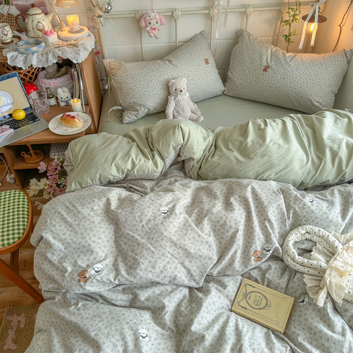 91家纺网 家纺一手货源 找家纺 优选 2026新款小清新直播热卖款云感双层纱木棉四件套系列（小红书热款推荐） 两只汪汪