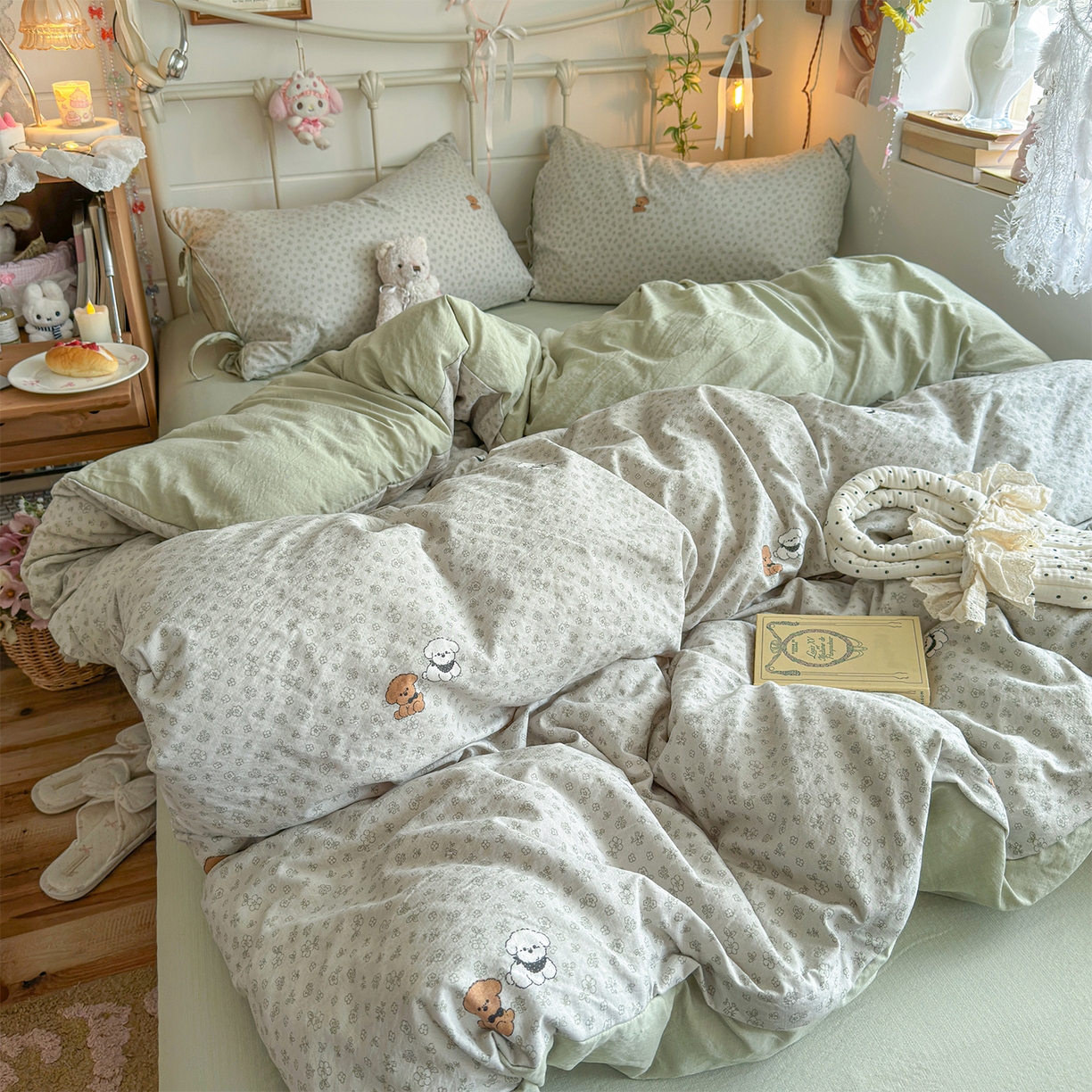 91家纺网 家纺一手货源 找家纺 优选 2026新款小清新直播热卖款云感双层纱木棉四件套系列（小红书热款推荐） 两只汪汪