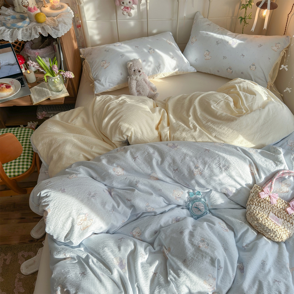 91家纺网 家纺一手货源 找家纺 优选 2026新款小清新直播热卖款云感双层纱木棉四件套系列（小红书热款推荐） 幸运狗狗