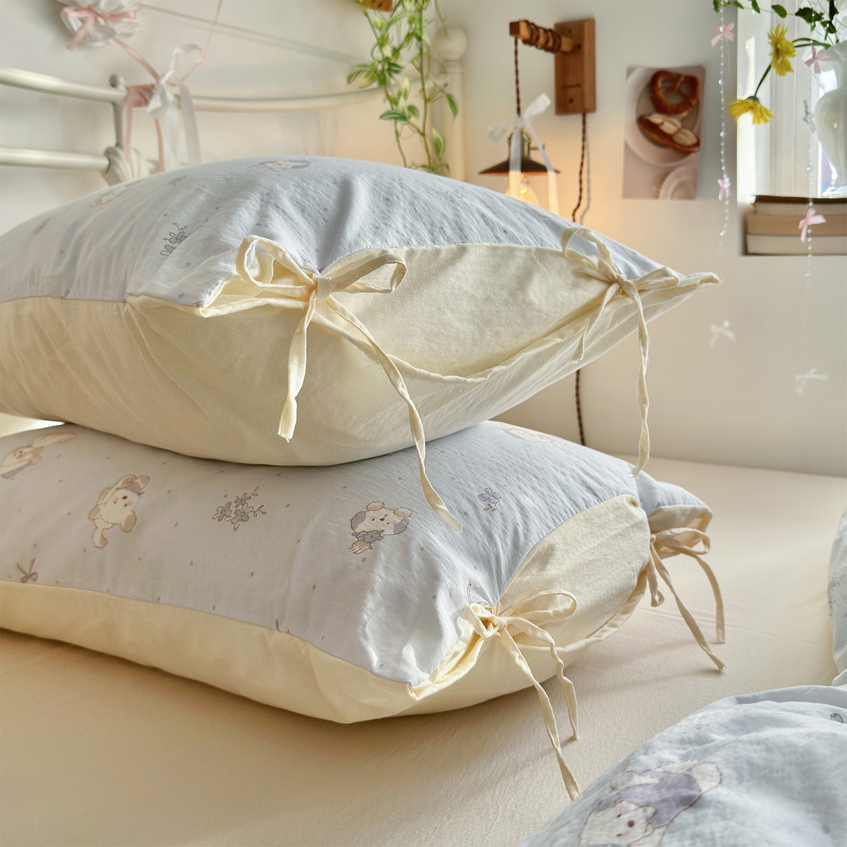 91家纺网 家纺一手货源 找家纺 优选 2026新款小清新直播热卖款云感双层纱木棉四件套系列（小红书热款推荐） 幸运狗狗