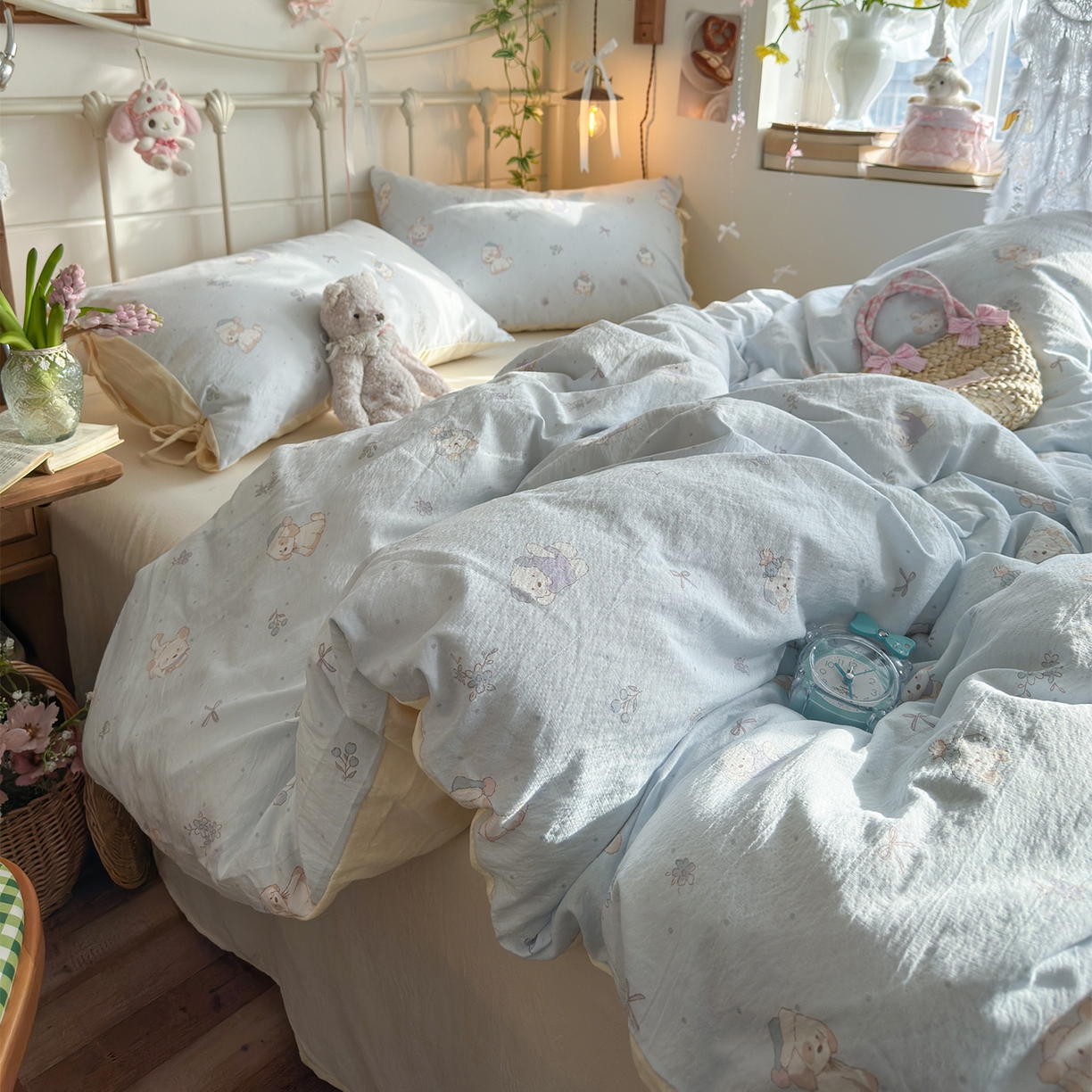 91家纺网 家纺一手货源 找家纺 优选 2026新款小清新直播热卖款云感双层纱木棉四件套系列（小红书热款推荐） 幸运狗狗