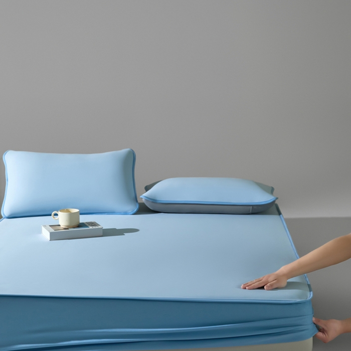 91家纺网 家纺一手货源 找家纺 禧澜庭 2026春夏新款锦纶凉感冰丝云母凉席可水洗折叠床笠空调席 冰川蓝