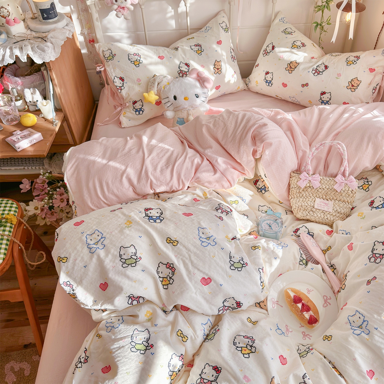 91家纺网 家纺一手货源 找家纺 优选良品 2026新款小清新直播热卖款云感双层纱木棉四件套系列（小红书热款推荐） 可爱喵