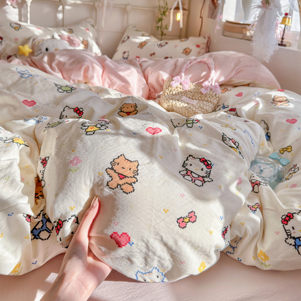 91家纺网 家纺一手货源 找家纺 优选良品 2026新款小清新直播热卖款云感双层纱木棉四件套系列（小红书热款推荐） 可爱喵