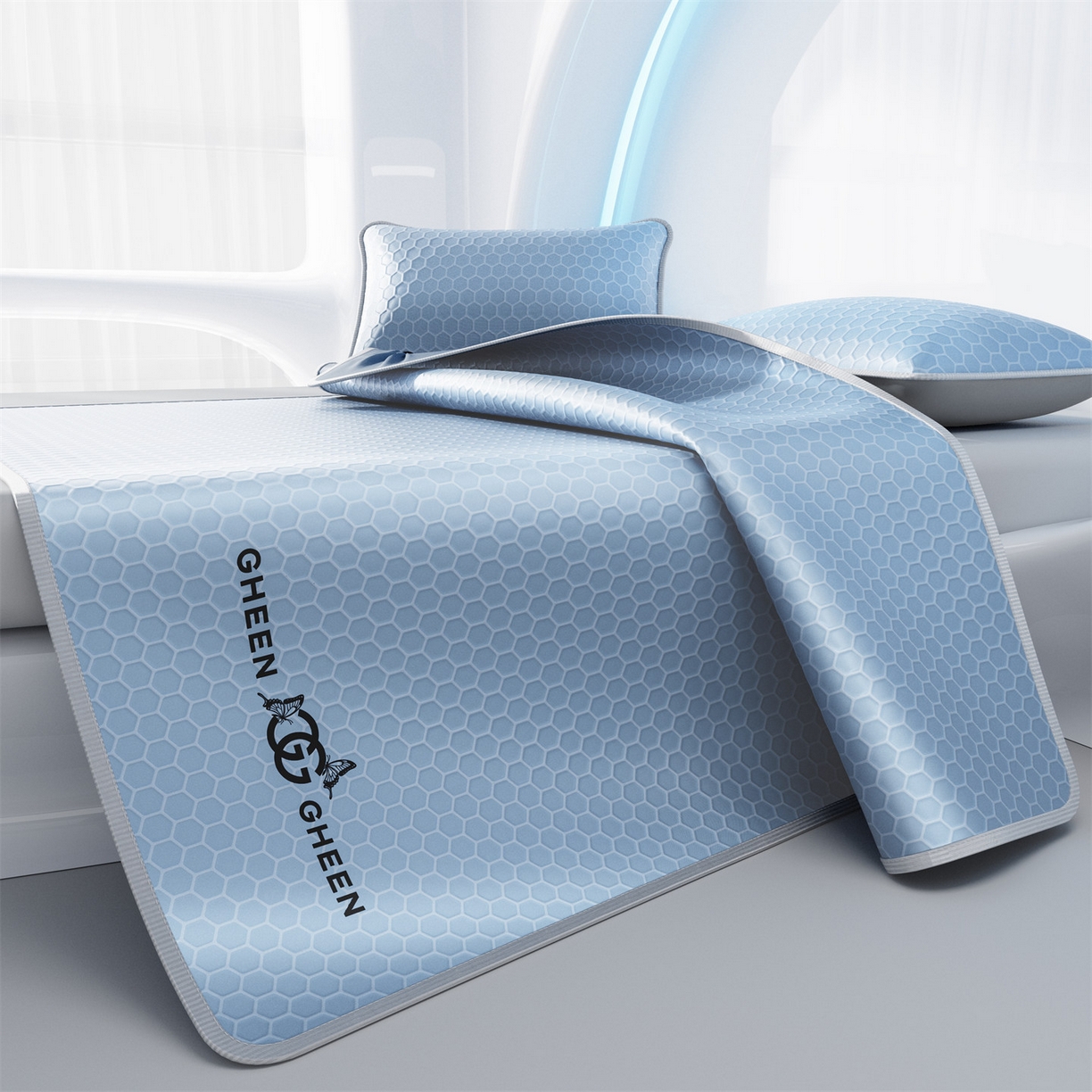 91家纺网 家纺一手货源 找家纺 好福居 2026新款蜂窝科技凉感席-床笠款 蜂窝款-浅蓝床笠款