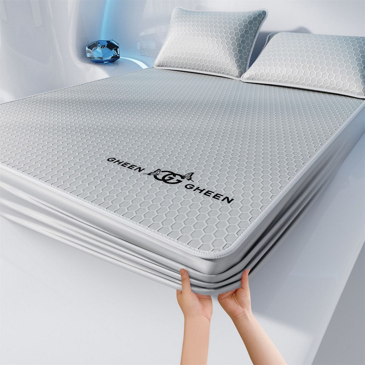 91家纺网 家纺一手货源 找家纺 好福居 2026新款蜂窝科技凉感席-床笠款 蜂窝款-浅灰床笠款