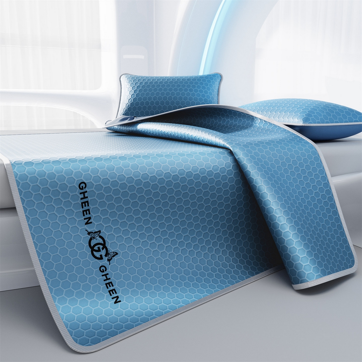 91家纺网 家纺一手货源 找家纺 好福居 2026新款蜂窝科技凉感席-床笠款 蜂窝款-深蓝床笠款