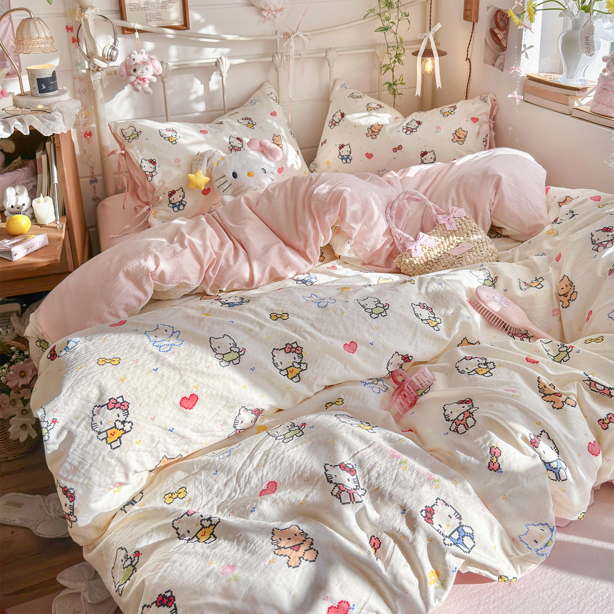 91家纺网 家纺一手货源 找家纺 优选良品 2026新款小清新直播热卖款云感双层纱木棉四件套系列（小红书热款推荐） 可爱喵