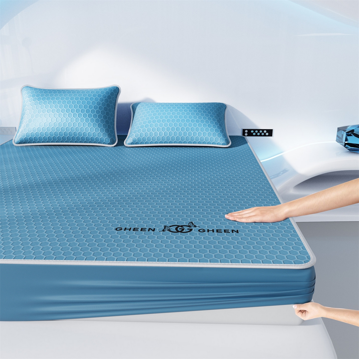 91家纺网 家纺一手货源 找家纺 好福居 2026新款蜂窝科技凉感席-床笠款 蜂窝款-深蓝床笠款