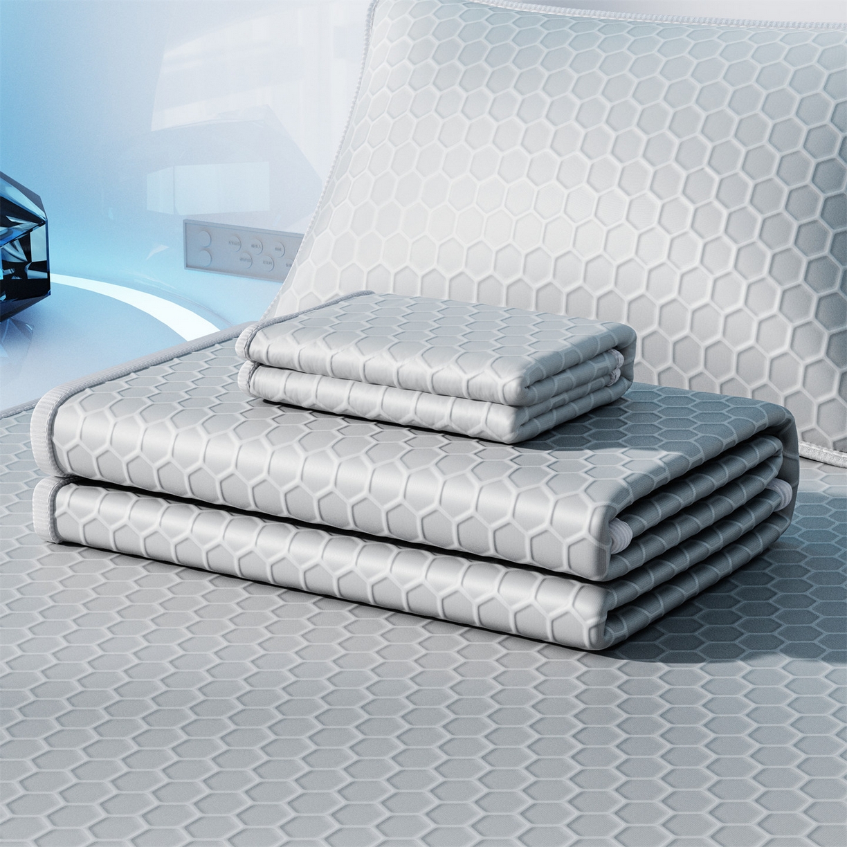 91家纺网 家纺一手货源 找家纺 好福居 2026新款蜂窝科技凉感席-床笠款 蜂窝款-浅灰床笠款