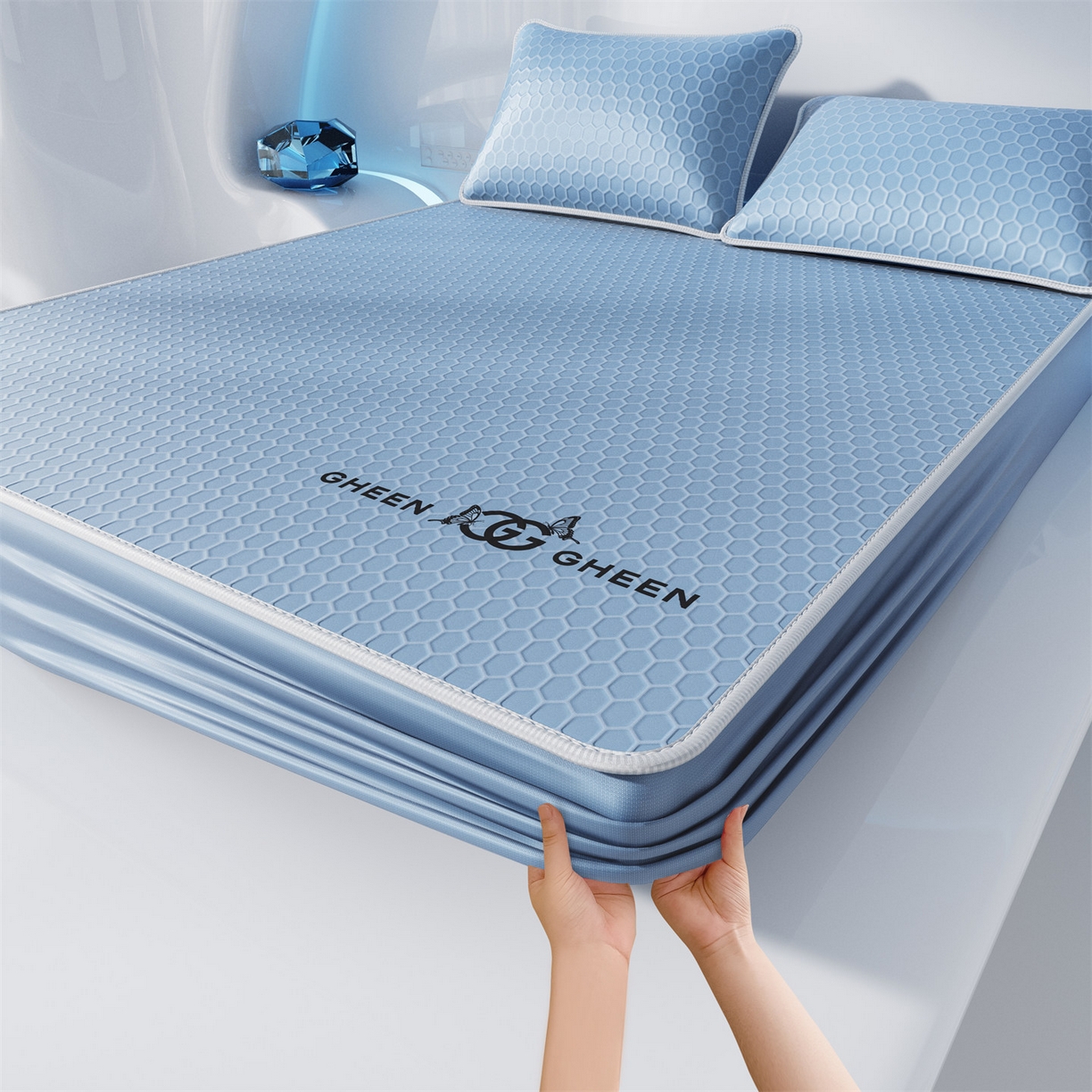 91家纺网 家纺一手货源 找家纺 好福居 2026新款蜂窝科技凉感席-床笠款 蜂窝款-浅蓝床笠款