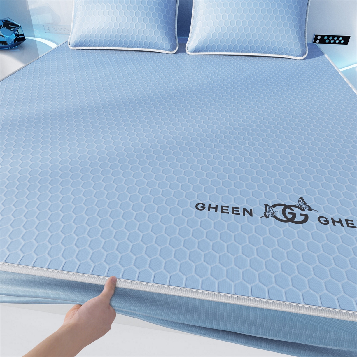 91家纺网 家纺一手货源 找家纺 好福居 2026新款蜂窝科技凉感席-床笠款 蜂窝款-浅蓝床笠款