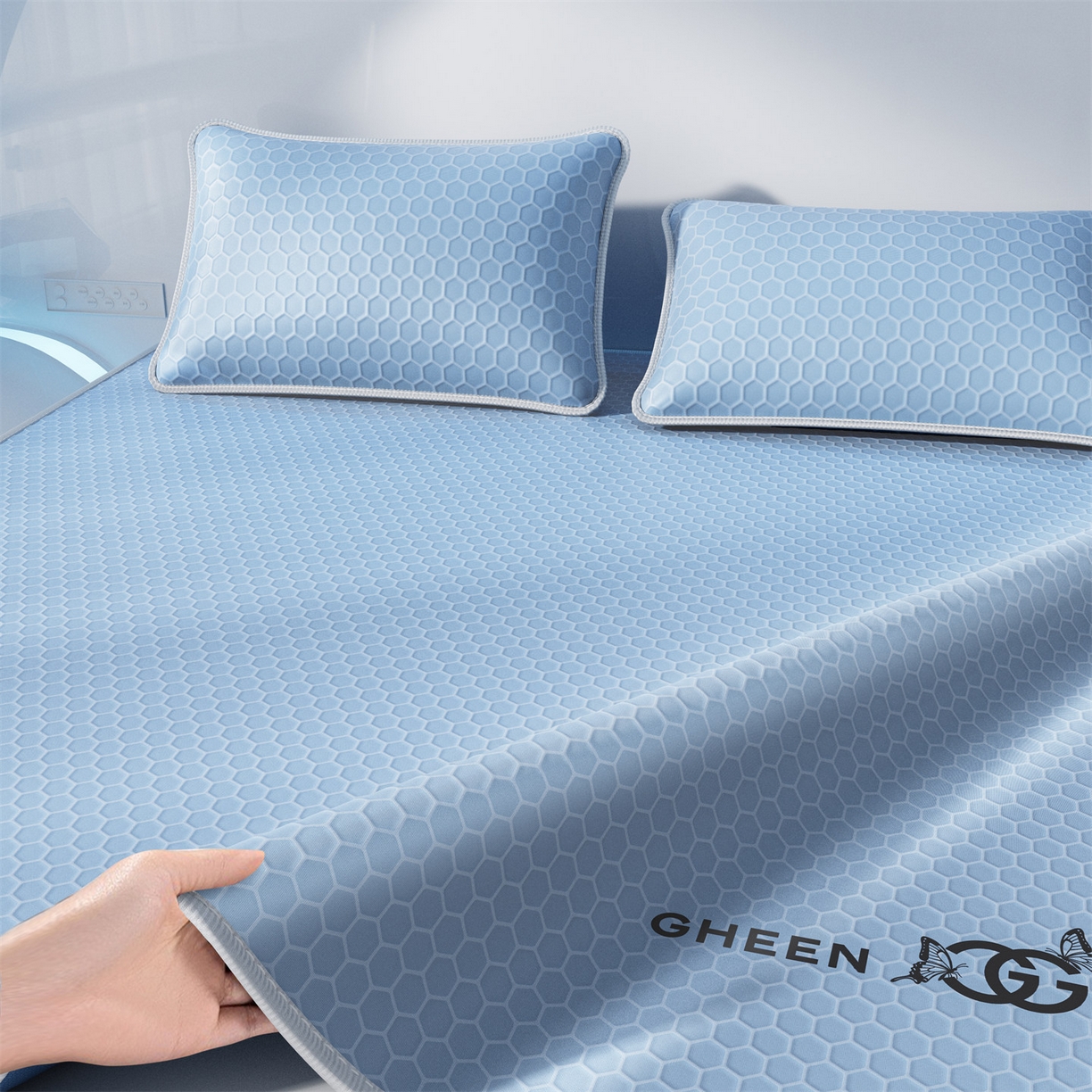 91家纺网 家纺一手货源 找家纺 好福居 2026新款蜂窝科技凉感席-床笠款 蜂窝款-浅蓝床笠款