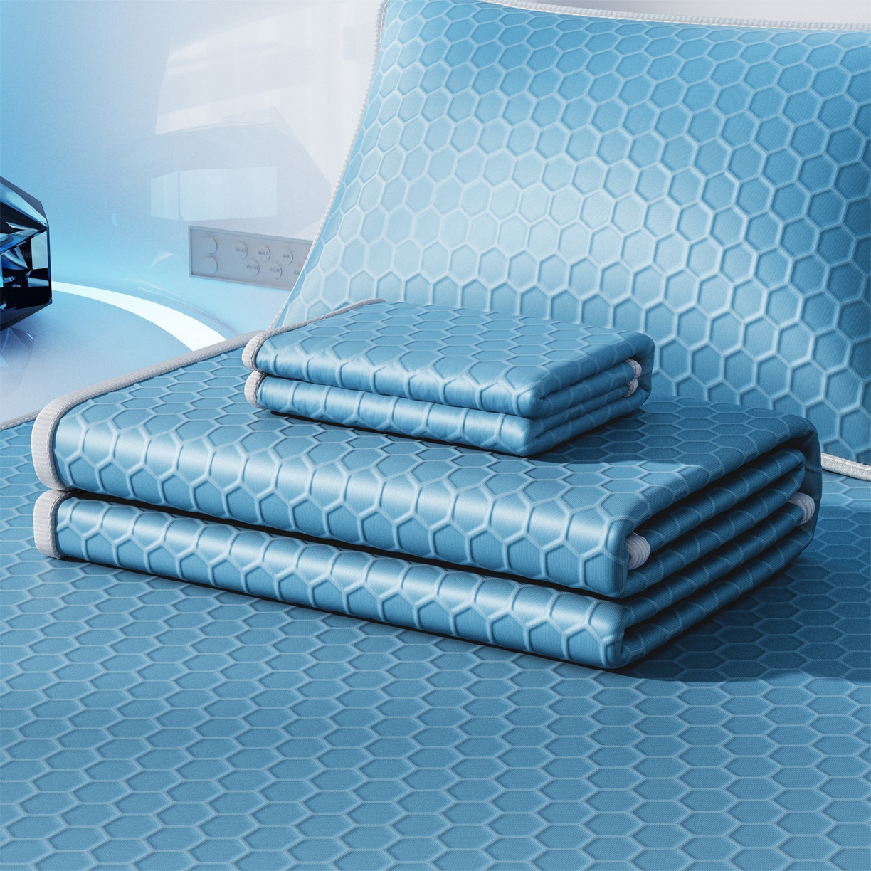 91家纺网 家纺一手货源 找家纺 好福居 2026新款蜂窝科技凉感席-床笠款 蜂窝款-深蓝床笠款