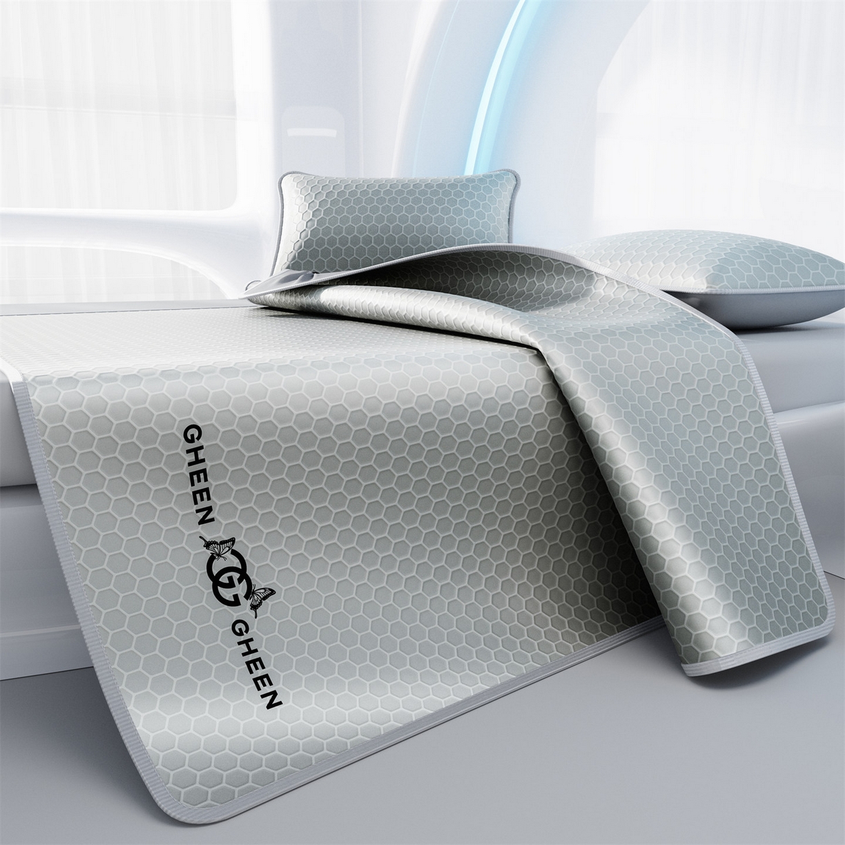 91家纺网 家纺一手货源 找家纺 好福居 2026新款蜂窝科技凉感席-床笠款 蜂窝款-浅灰床笠款