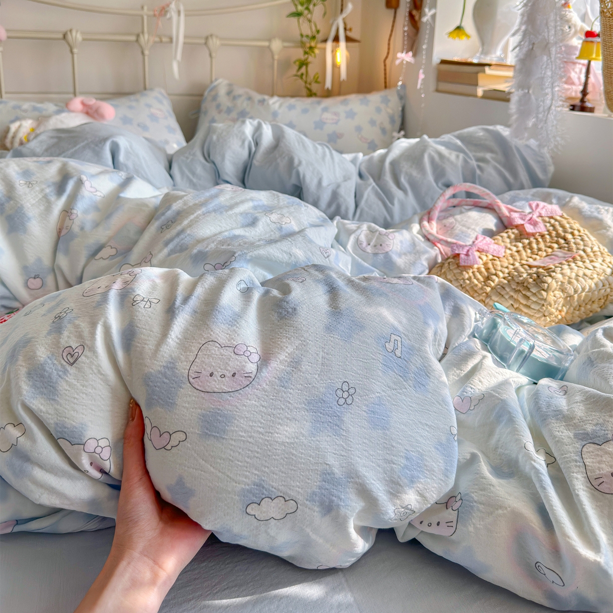 91家纺网 家纺一手货源 找家纺 优选良品 2026新款小清新直播热卖款云感双层纱木棉四件套系列（小红书热款推荐） 爱心喵