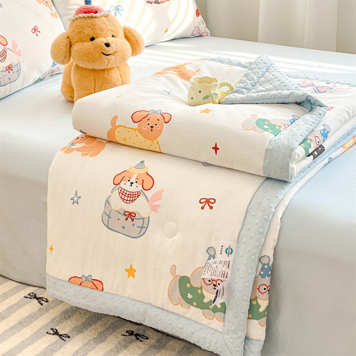 盛秋家纺 2026新款A类水洗棉豆豆夏被系列 狗狗游园+天空蓝