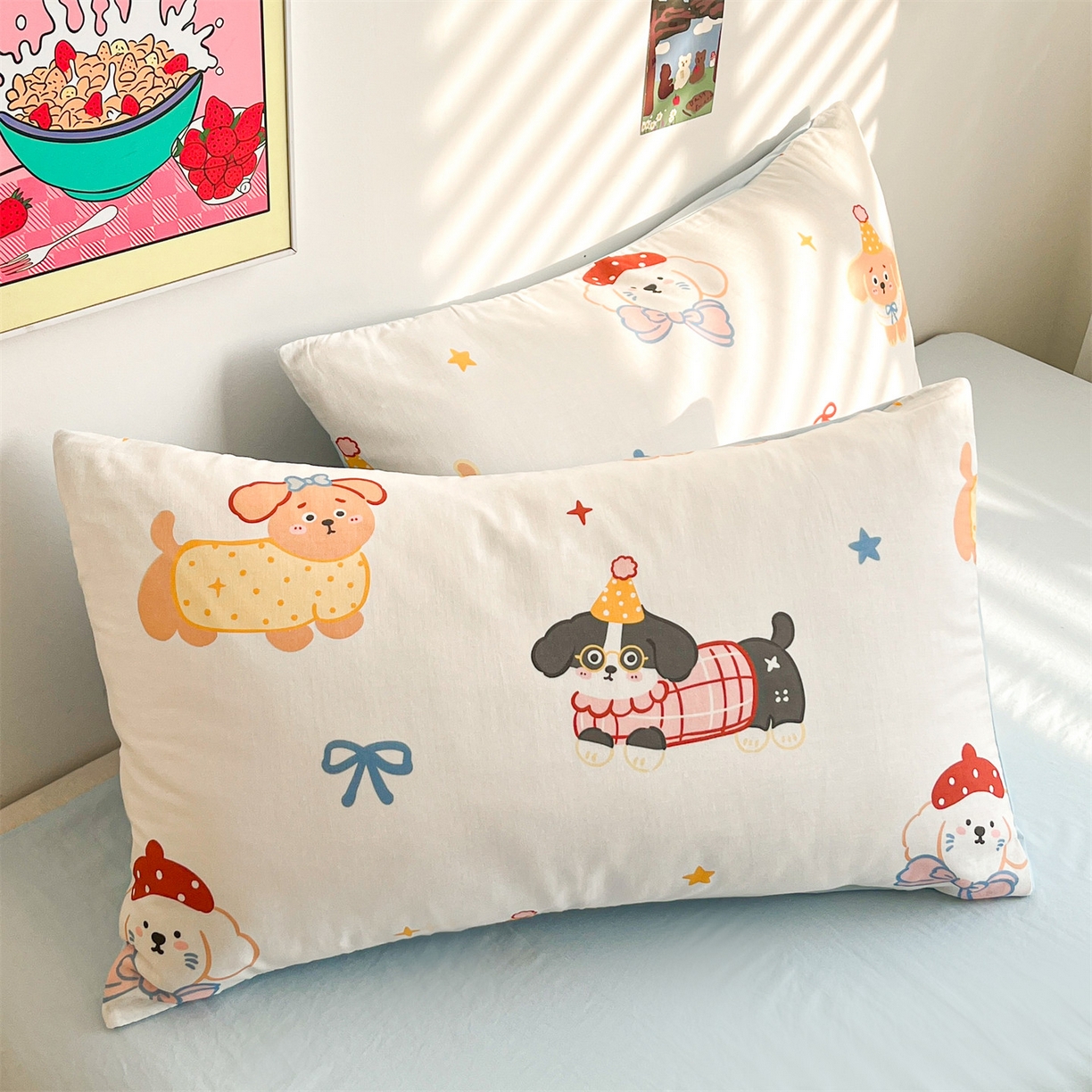 91家纺网 家纺一手货源 找家纺 盛秋家纺 2026新款A类水洗棉豆豆夏被系列 狗狗游园+天空蓝