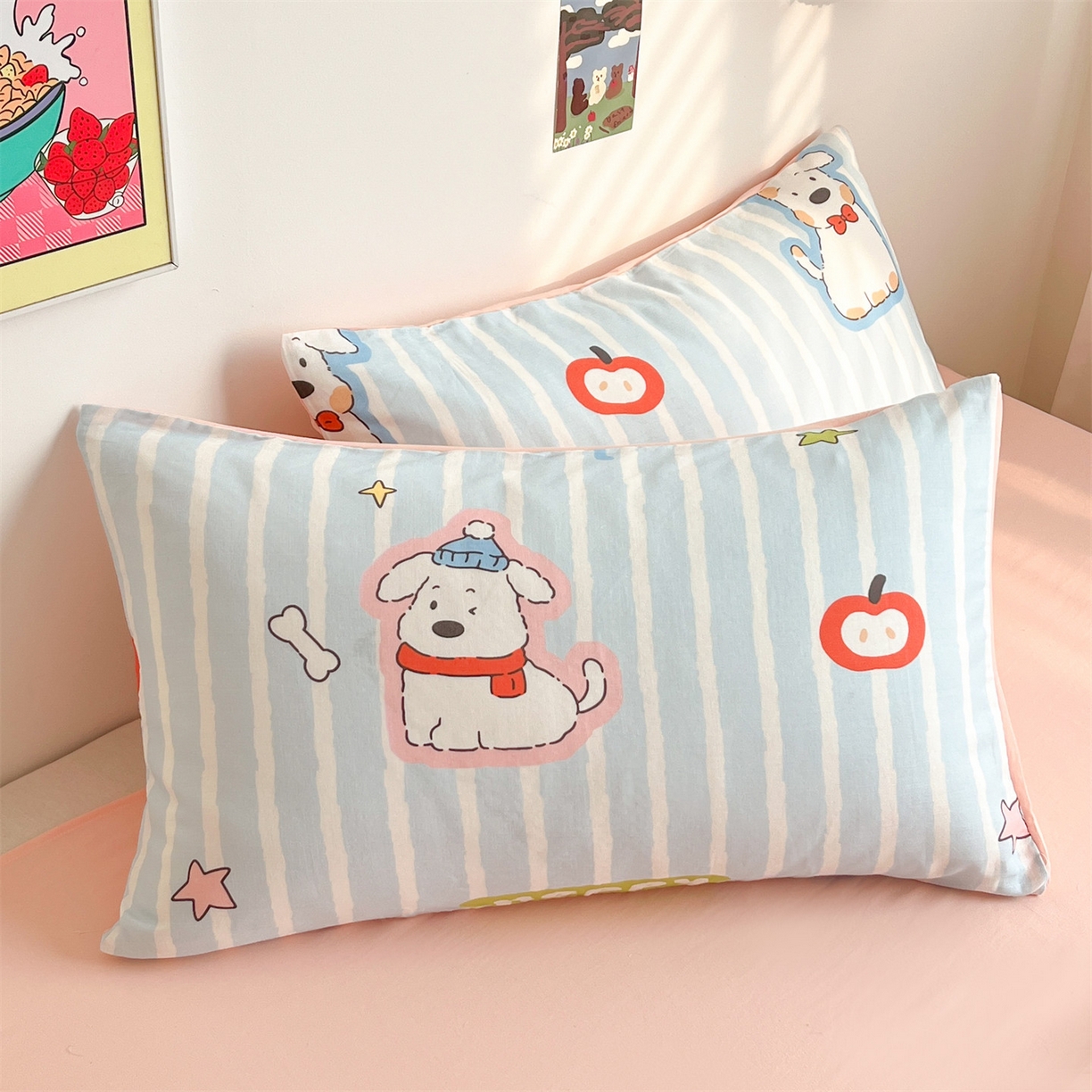 91家纺网 家纺一手货源 找家纺 盛秋家纺 2026新款A类水洗棉豆豆夏被系列 软萌汪汪蓝+奶油粉