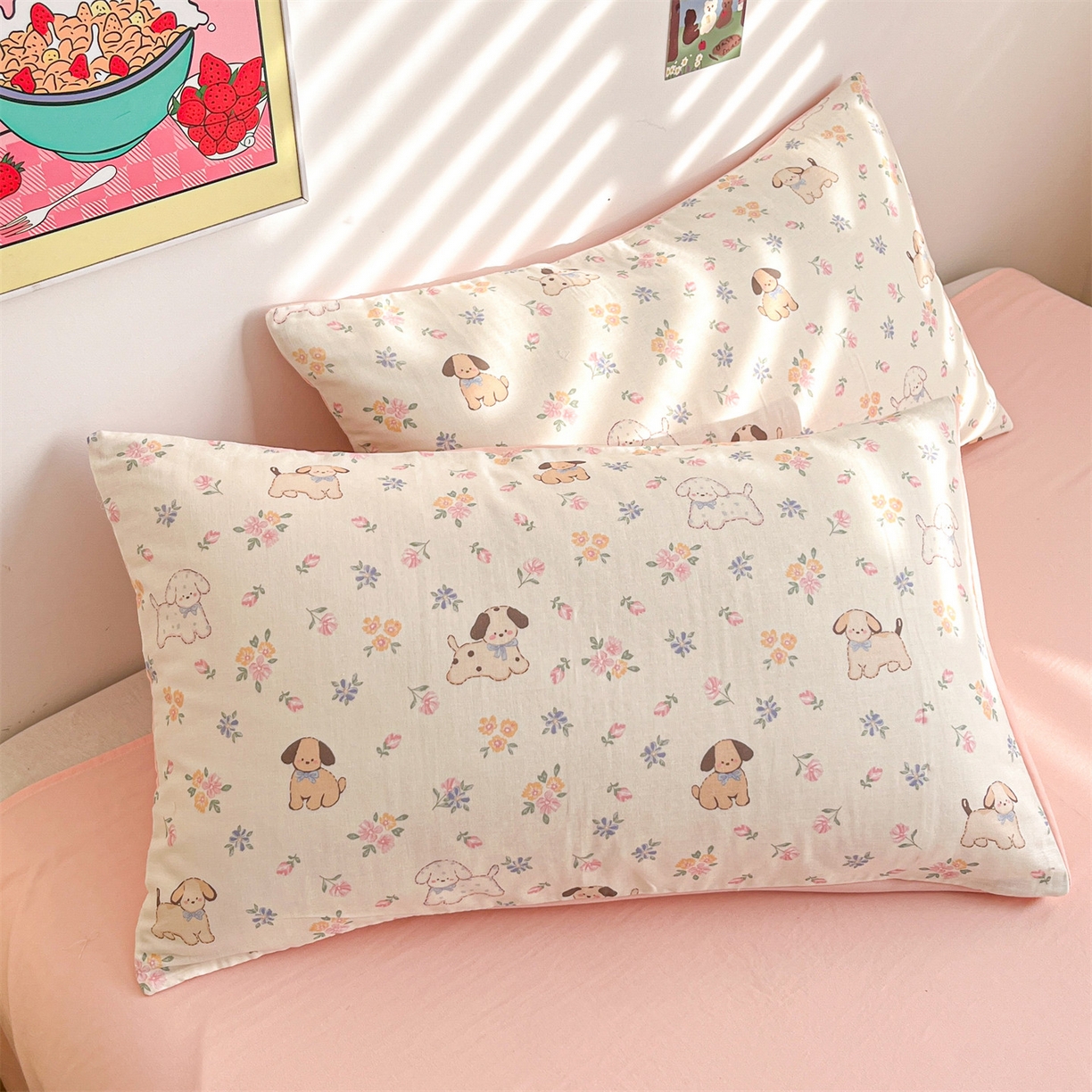 91家纺网 家纺一手货源 找家纺 盛秋家纺 2026新款A类水洗棉豆豆夏被系列 田园萌狗+奶油粉