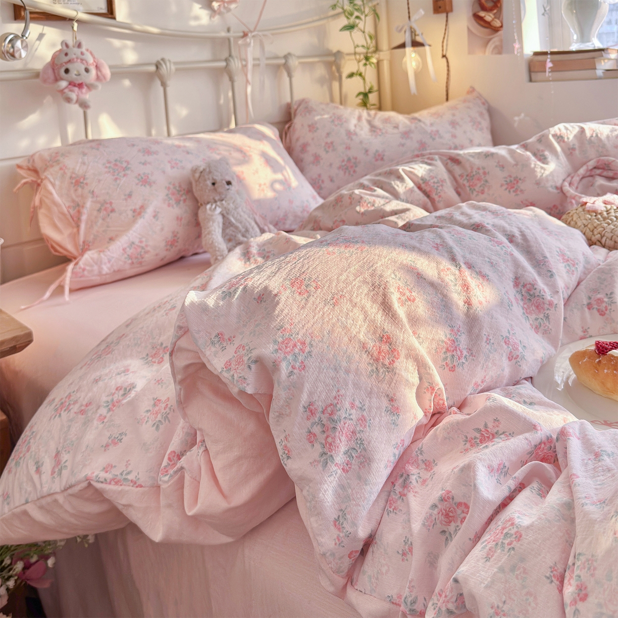 91家纺网 家纺一手货源 找家纺 优选良品 2026新款小清新直播热卖款云感双层纱木棉四件套系列（小红书热款推荐） 花漾