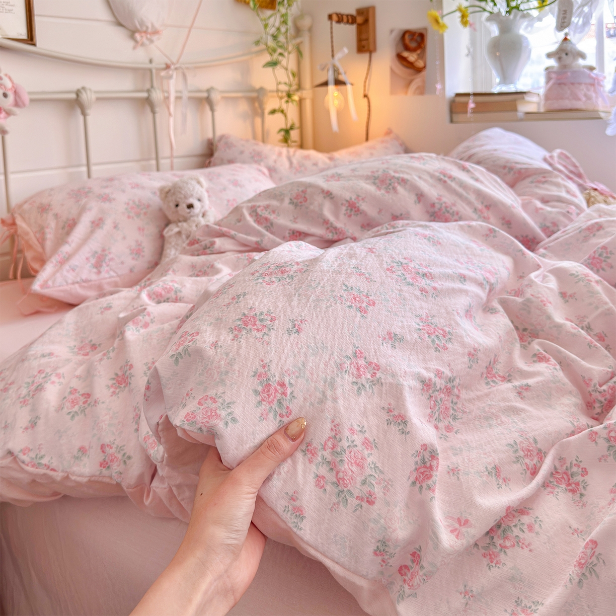 91家纺网 家纺一手货源 找家纺 优选良品 2026新款小清新直播热卖款云感双层纱木棉四件套系列（小红书热款推荐） 花漾