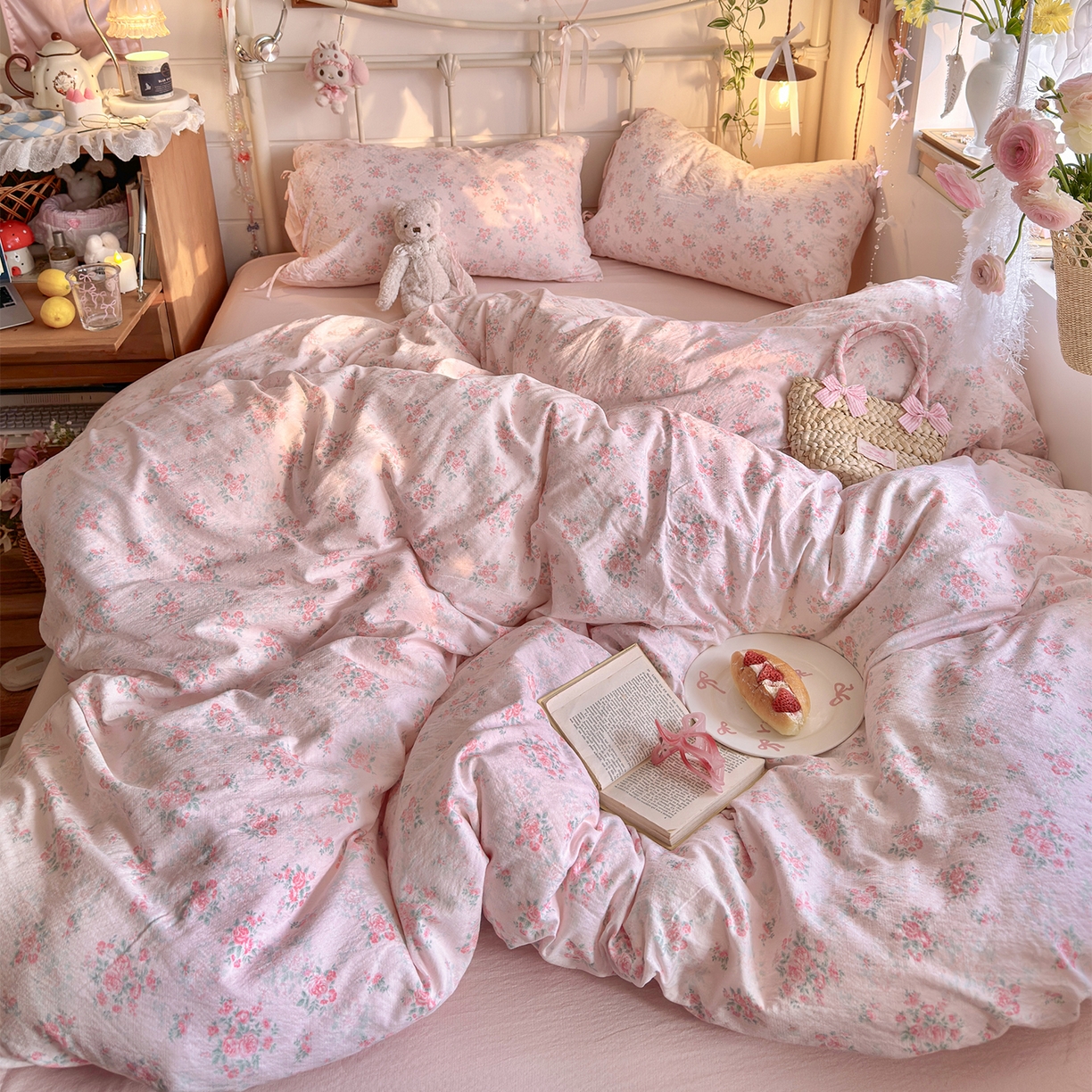 91家纺网 家纺一手货源 找家纺 优选良品 2026新款小清新直播热卖款云感双层纱木棉四件套系列（小红书热款推荐） 花漾