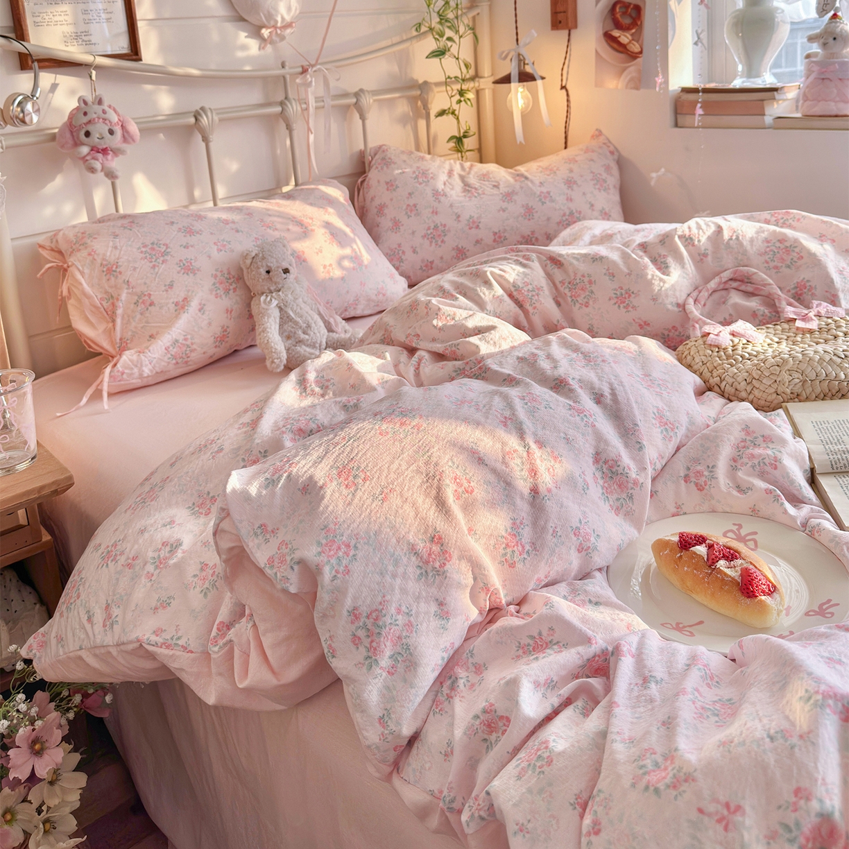 91家纺网 家纺一手货源 找家纺 优选良品 2026新款小清新直播热卖款云感双层纱木棉四件套系列（小红书热款推荐） 花漾