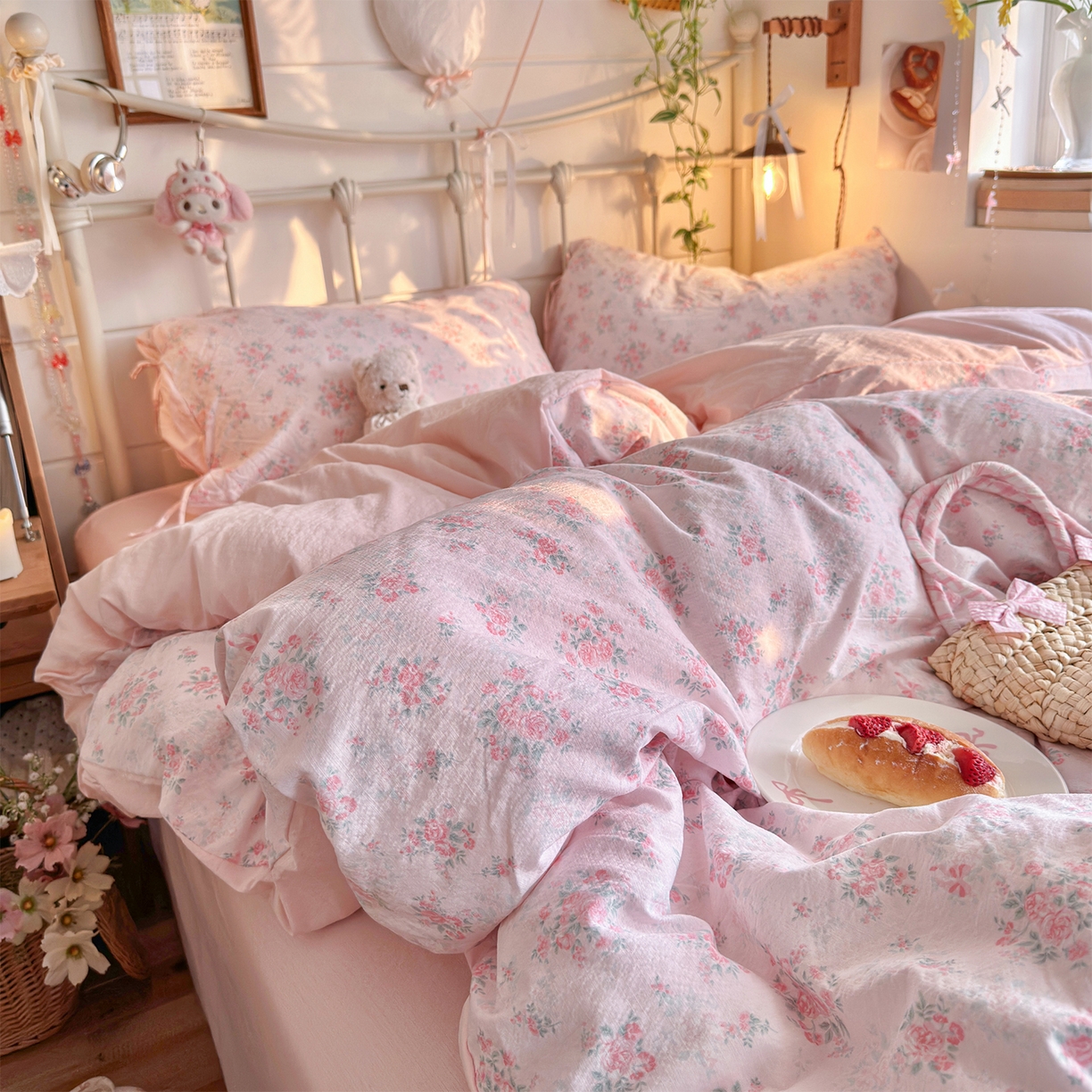 91家纺网 家纺一手货源 找家纺 优选良品 2026新款小清新直播热卖款云感双层纱木棉四件套系列（小红书热款推荐） 花漾