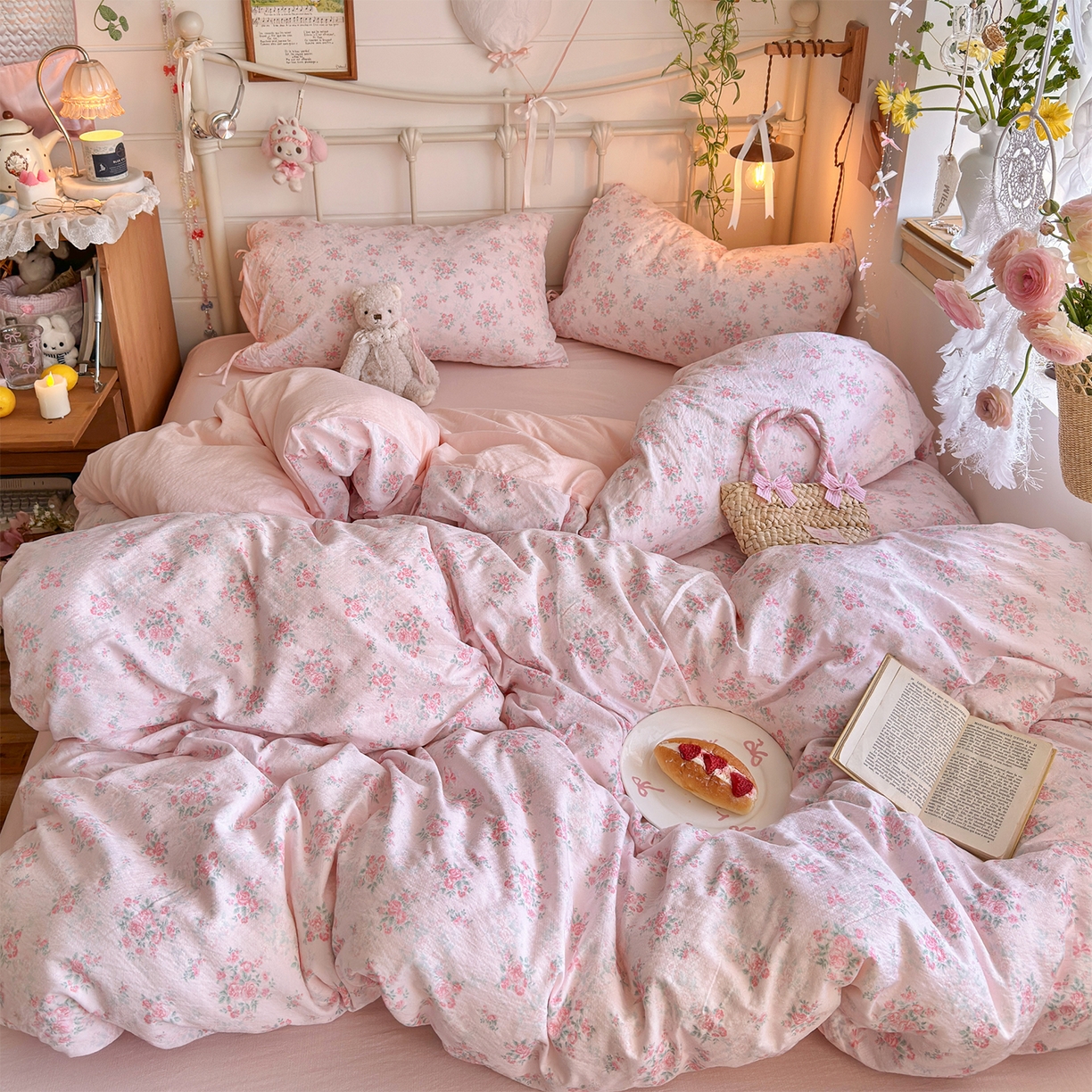 91家纺网 家纺一手货源 找家纺 优选良品 2026新款小清新直播热卖款云感双层纱木棉四件套系列（小红书热款推荐） 花漾