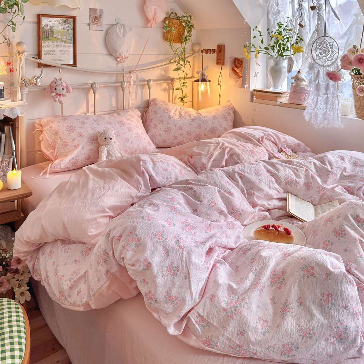 91家纺网 家纺一手货源 找家纺 优选良品 2026新款小清新直播热卖款云感双层纱木棉四件套系列（小红书热款推荐） 花漾