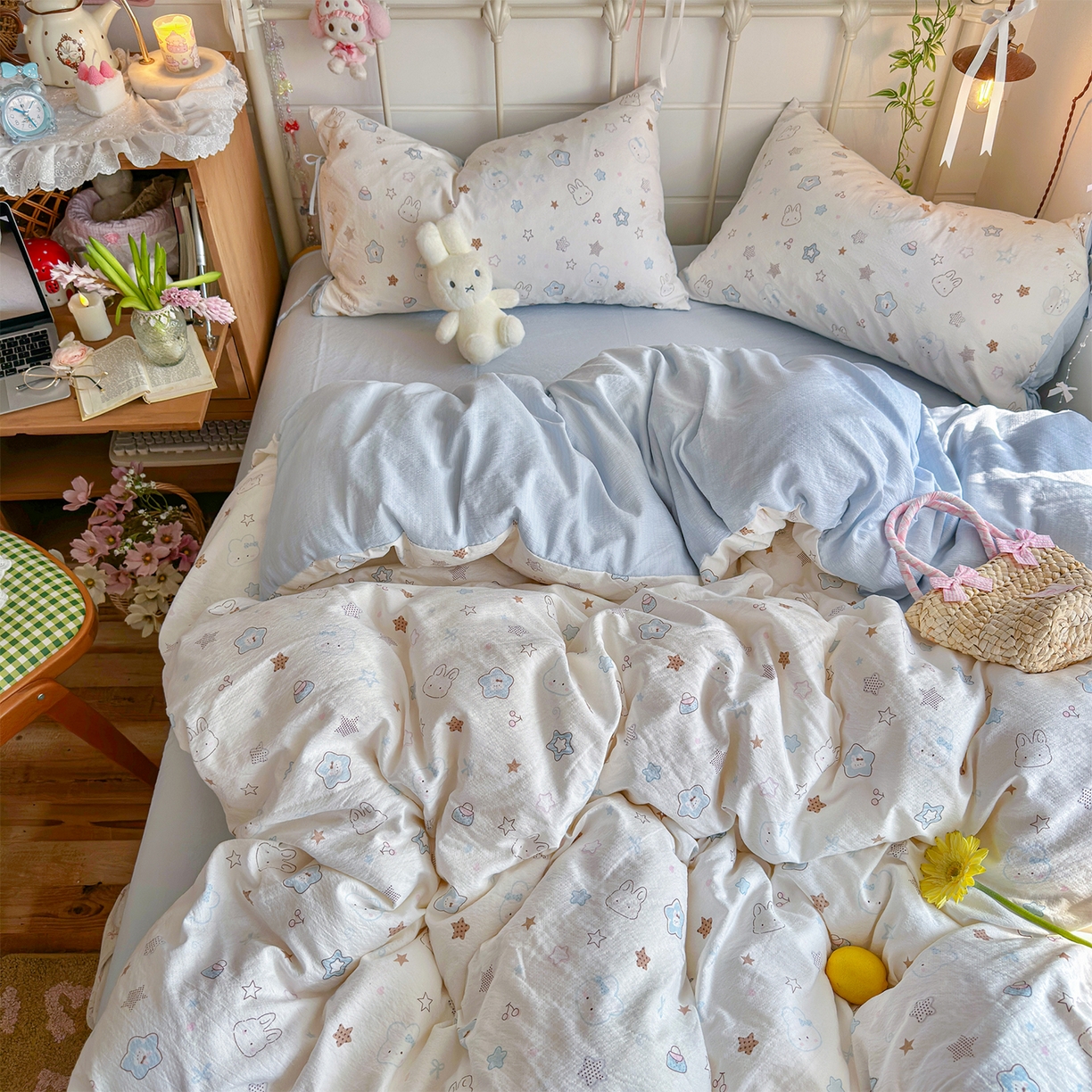 91家纺网 家纺一手货源 找家纺 优选良品 2026新款小清新直播热卖款云感双层纱木棉四件套系列（小红书热款推荐） 花屿轻梦